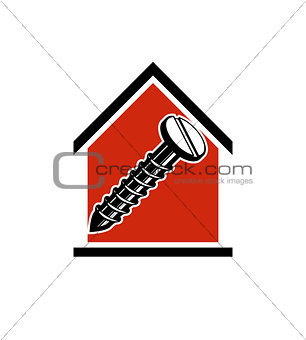 Classic screw icon, woodwork equipment. House with work tools 
