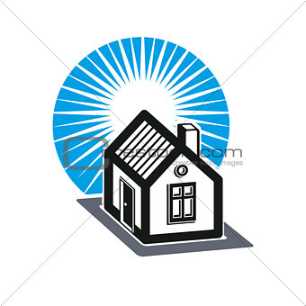 Real estate theme. Illustration of a house on sunset background.