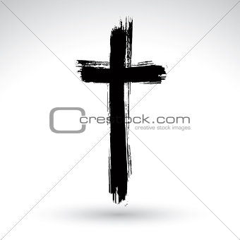 Hand drawn black grunge cross icon, simple Christian cross sign,