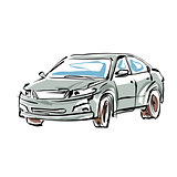 Colored hand drawn car on white background, illustrated sedan. 