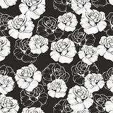 Tile vector floral pattern with white roses on black background.