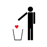 man throws a red heart in the trash