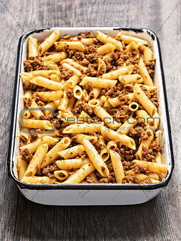 tray of rustic bolognese pasta
