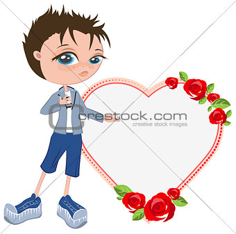 In love with boy shows heart. Template for valentines card