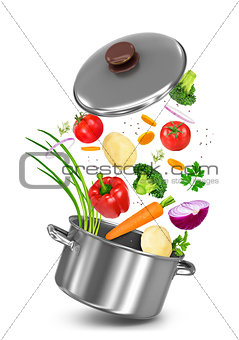 Mix vegetables falls in a pot on a white background