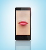 Lips in the phone. Concept of a telephone conversation.