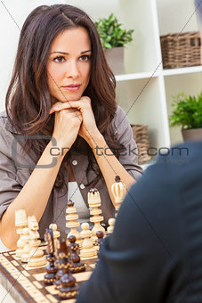 Man Woman Couple Playing Chess