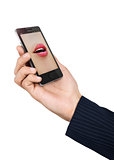 Phone speak concept. Man's hand holding phone with speaking woma