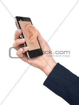 Hand holding phone with ear in the screen. Listen concept.