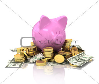Pig piggy bank on gold coins with reflection