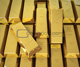 Macro view of stacks of gold bars.