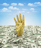 Gold hand makes its way through a bunch of dollars.