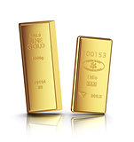 two gold bars with reflection on white background
