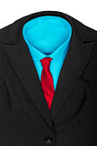 Formal suit: black jacket blue shirt and red tie