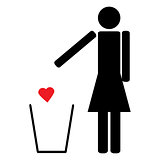 Woman throws a red heart in the trash
