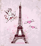 Vintage card with Eiffel Tower and cupid