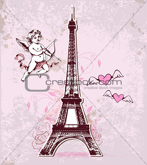 Vintage card with Eiffel Tower and cupid