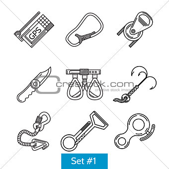 Black vector icons for mountaineering accessories