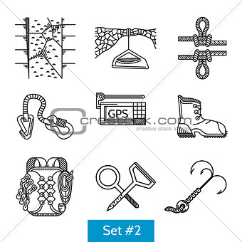 Black vector icons for rock climbing accessories