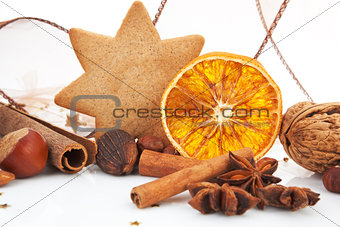 Traditional christmas. Gingerbread, orange, cinnamon and various