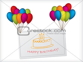 Birthday card design hanging on balloons