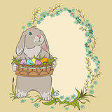 Easter bunny holding a basket with eggs. Retro card