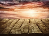 Woode tabletop with sunset