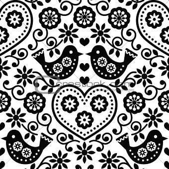 Folk art seamless monochrome pattern with flowers and birds