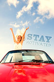 Composite image of happy woman standing in cabriolet while her boyfriend driving