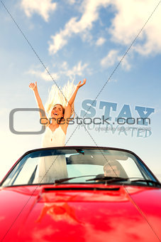 Composite image of happy woman standing in cabriolet while her boyfriend driving