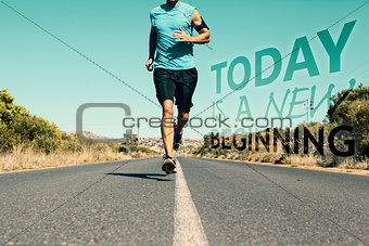 Composite image of athletic man jogging on open road