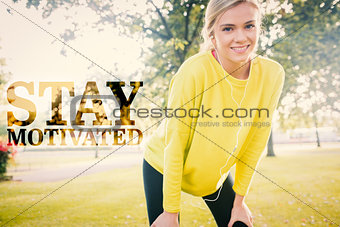 Composite image of active cheerful blonde pausing after a run