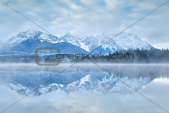 Karwendel mountain range reflected in lake