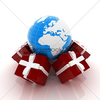 Traditional Christmas gifts and earth. Global holiday concept 