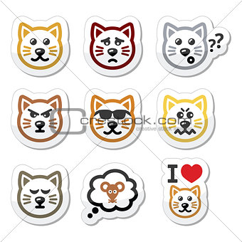 cat labels set - happy, sad, angry isolated on white