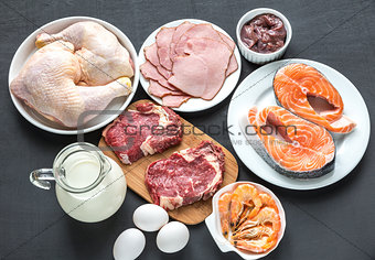 Protein diet: raw products on the wooden background