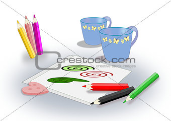 Colored pencils, sheets and cups.
