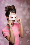 woman with lovely kitten mask 