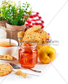 Breakfast with tea jam and fresh cookies
