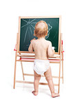 Baby boy drawing on chalkboard over white