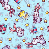 Vector seamless pattern with cartoon rabbits and gift boxes
