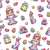 Vector seamless pattern of cartoon Easter elements