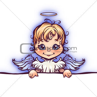 Vector illustration of cute angel with panel for text