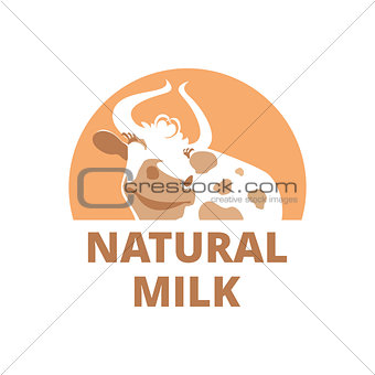 Logo with a smiling cow on a brown background.