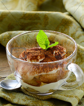 Traditional Italian dessert tiramisu with cocoa and mint leaf