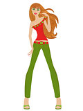Fashionable redhead women in green pants
