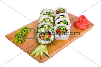 delicious sushi on a wooden board on a white background