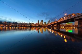 Portland Downtown Skyline by Hawthorne Bridge at Blue Hour