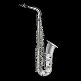 photorealistic saxophone isolated on a black background