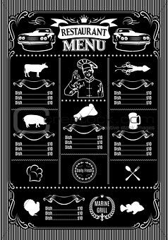 template for menu on black background and icons of animals and drinks